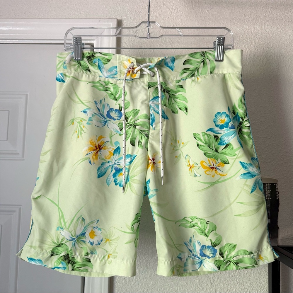 PARKE‎ & RONEN green side stripe tropical floral swim beach flat front shorts